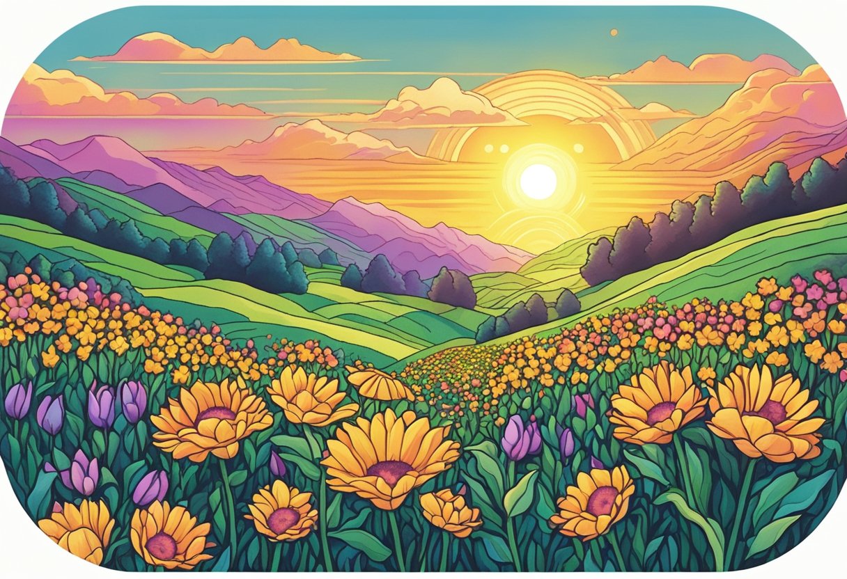 A bright sun rising over a field of vibrant flowers, symbolizing new beginnings and optimism