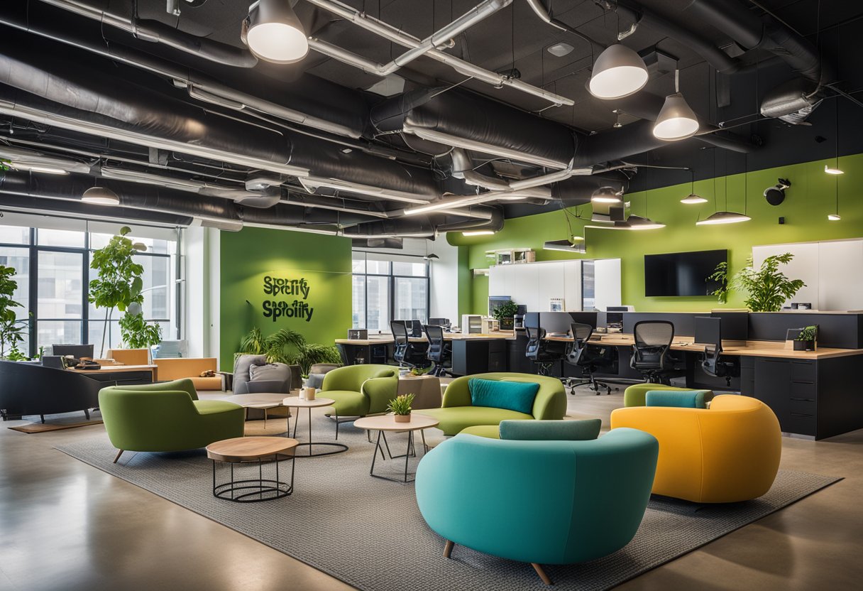 The Spotify office features modern furniture, vibrant color schemes, and open workspaces with plenty of natural light