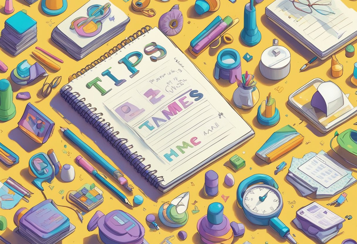 A colorful array of baby-related items surrounds a notebook labeled "Tips for Brainstorming the Perfect Name." The word "hope" is highlighted in the center, surrounded by other potential baby names