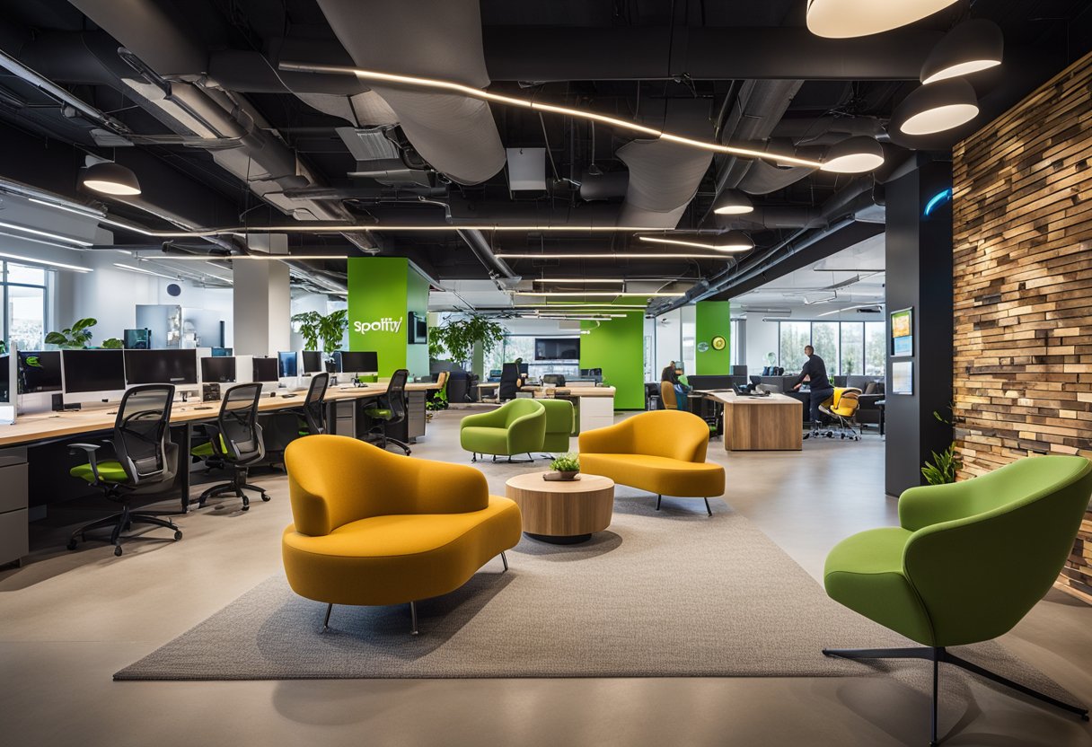 Spotify's office evolves with modern, sleek design. Open floor plan, vibrant colors, and ergonomic furniture create a dynamic and creative workspace