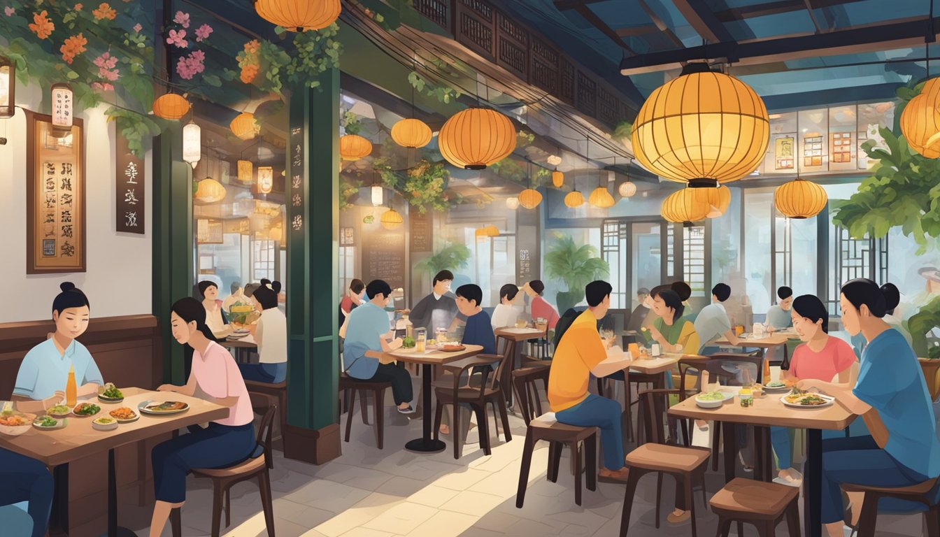 A bustling Korean restaurant in Telok Ayer, with diners enjoying traditional dishes and vibrant decor