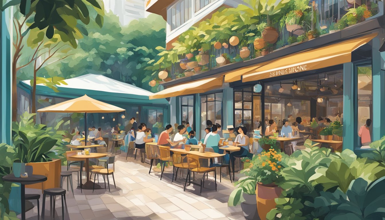 A bustling cafe with colorful outdoor seating, surrounded by lush greenery and vibrant street art. Aesthetic dishes and trendy decor make it a perfect spot for brunch in Singapore