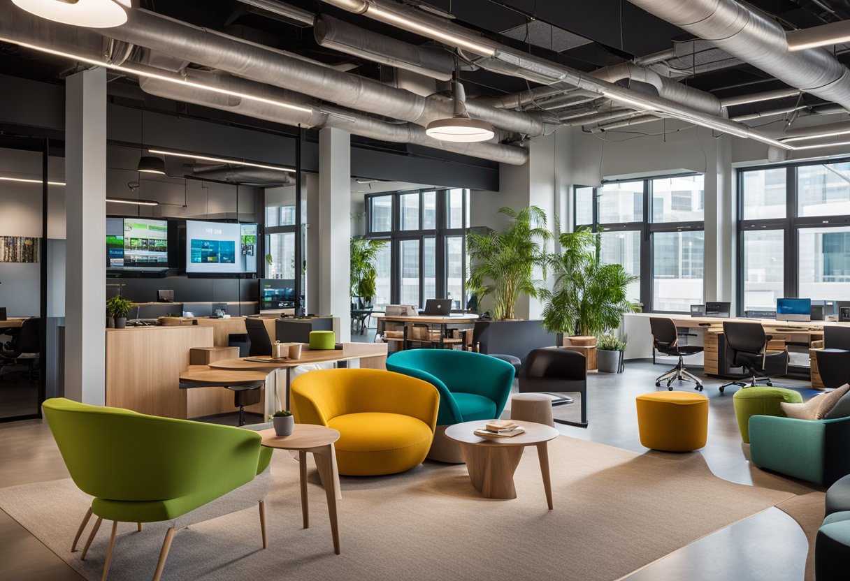 The Spotify office is a vibrant and open space with modern furniture and colorful accents. Collaborative work areas are scattered throughout, encouraging innovation and creativity. Large windows allow natural light to flood the space, creating a welcoming and inspiring environment