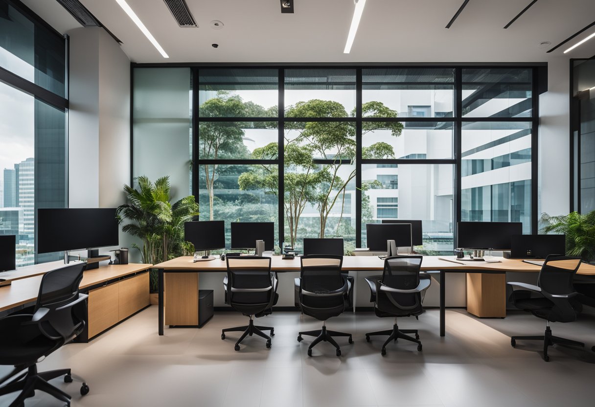 The office interior design firm in Singapore features modern furniture, a sleek color palette, and large windows allowing natural light to fill the space