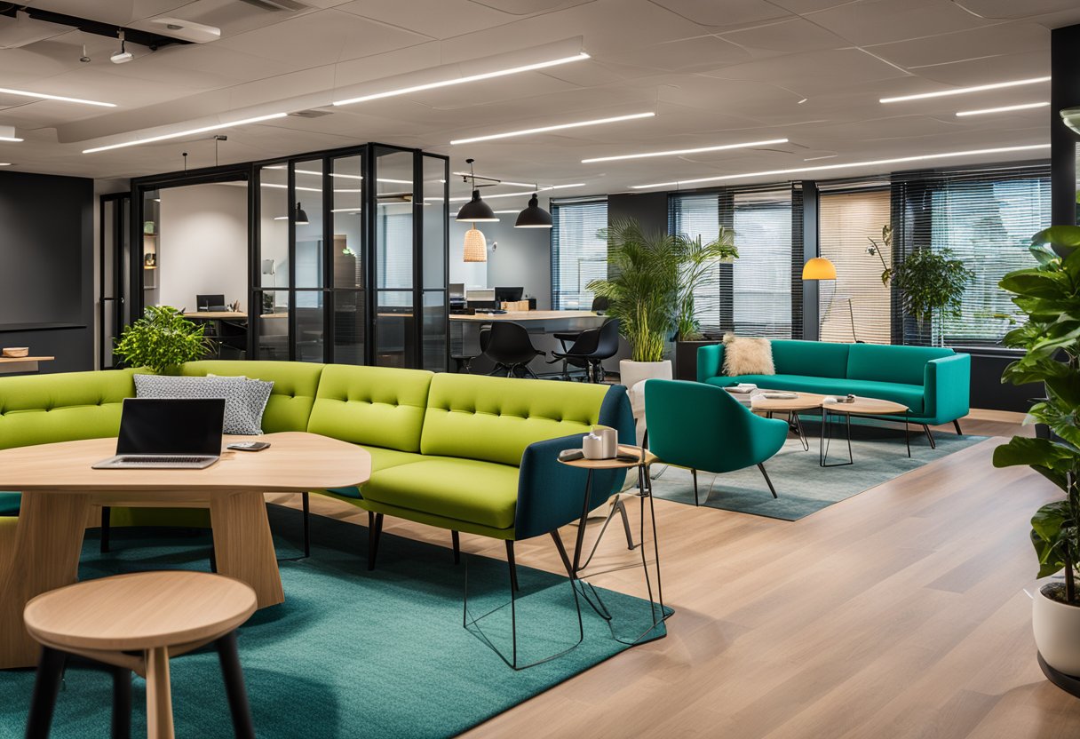 The Spotify office features modern, open-concept design with vibrant colors, sleek furniture, and a mix of collaborative and private workspaces