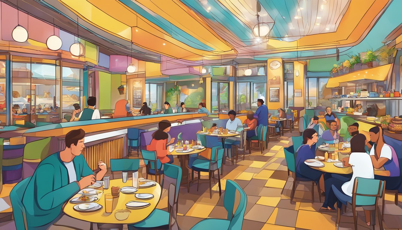A bustling kinex restaurant with colorful decor, steaming plates, and happy diners enjoying their meals