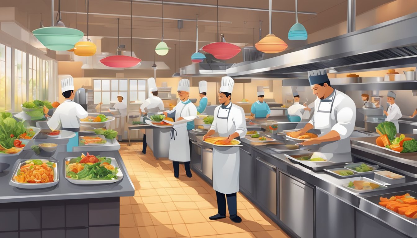 A bustling restaurant kitchen with chefs preparing colorful dishes and a display of fresh ingredients. A warm, inviting atmosphere with diners enjoying their meals