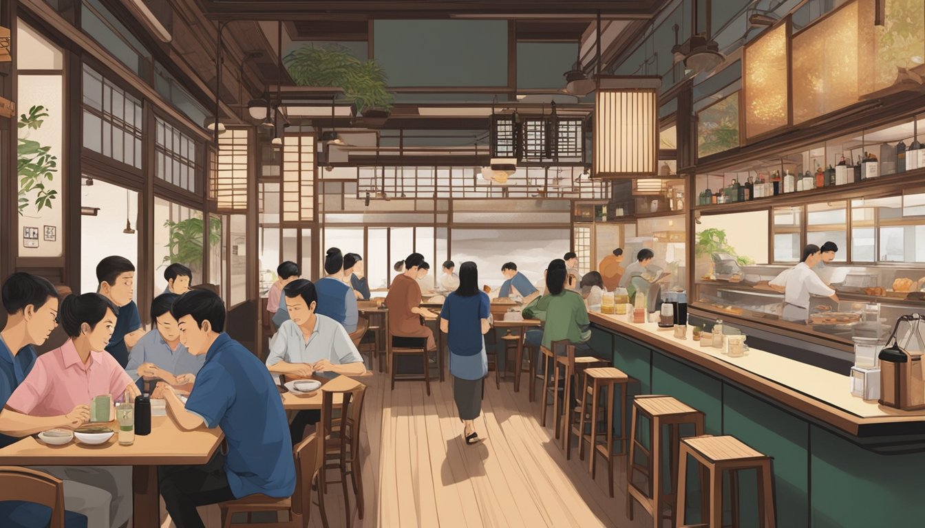 A bustling Japanese restaurant in Tiong Bahru, with traditional decor and a sushi bar. Patrons enjoy their meals at low tables or sit at the bar