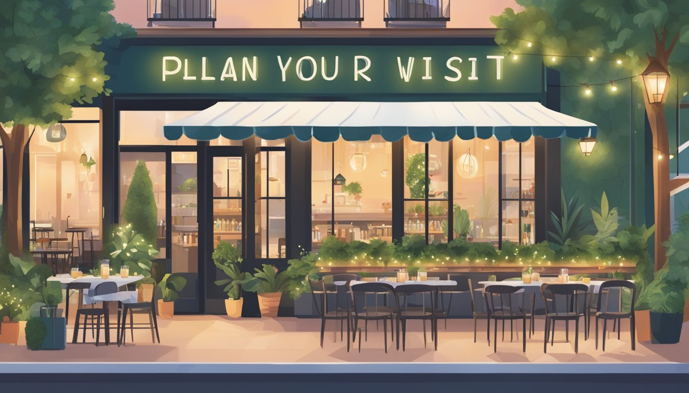 A bustling restaurant with outdoor seating, surrounded by lush greenery and twinkling string lights. A sign reads "Plan Your Visit" in bold letters