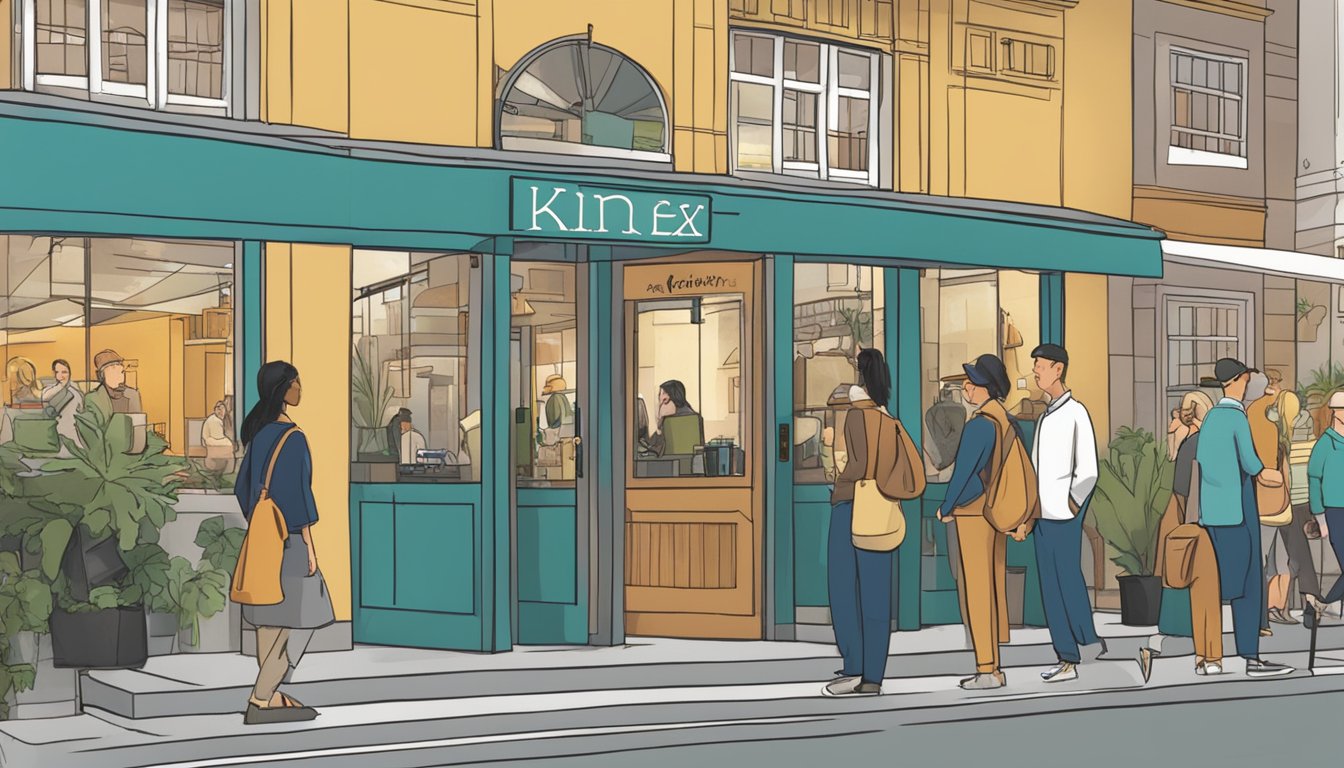 Customers line up at the entrance of Kinex restaurant. A sign with "Frequently Asked Questions" stands out. The interior is bustling with activity