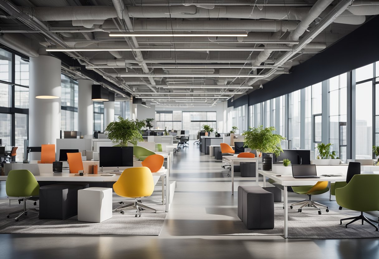 A sleek, modern office space with clean lines, vibrant pops of color, and innovative furniture arrangements. A large, open concept layout with natural light streaming in through floor-to-ceiling windows, creating a welcoming and inspiring environment for creativity and collaboration