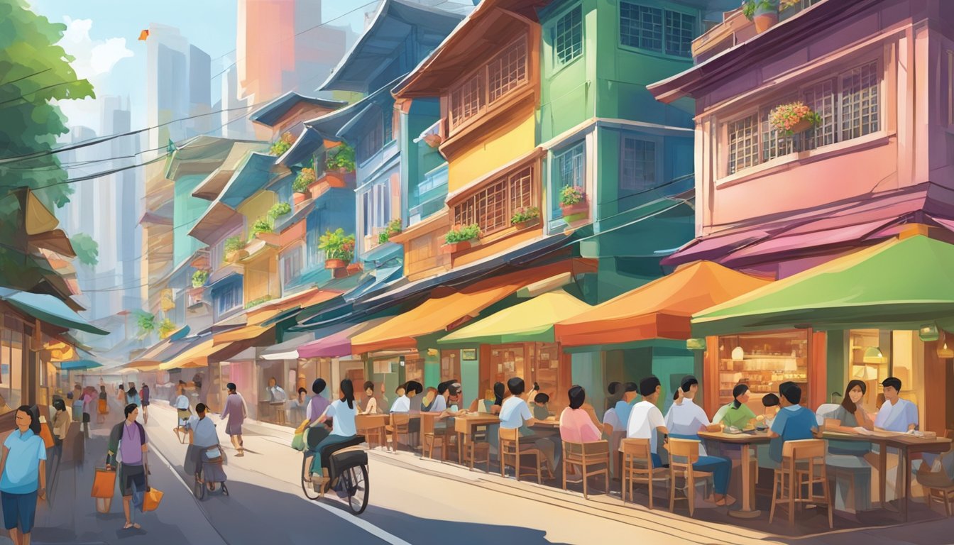 A bustling street in Singapore, with the vibrant Kubo restaurant at the center, surrounded by colorful buildings and bustling with activity