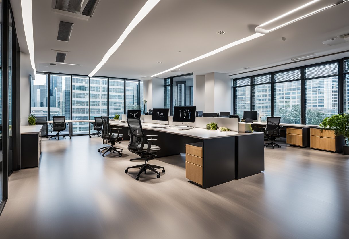 A modern office with sleek furniture, vibrant accent colors, and a wall displaying a variety of design samples and mood boards. The space is well-lit and inviting, with a mix of open workstations and private meeting areas