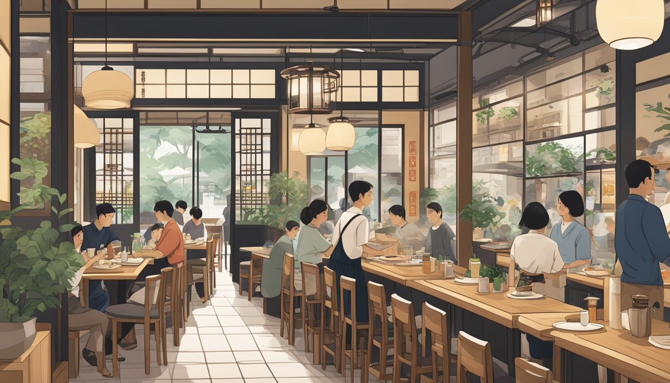A bustling Japanese restaurant in Tiong Bahru, with customers dining and waitstaff serving. Decor includes traditional Japanese elements and modern touches
