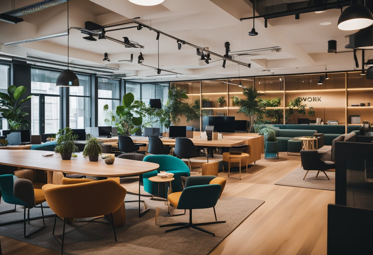 The WeWork office is modern and spacious with natural light, open workstations, and vibrant decor. Glass walls separate meeting rooms, and there are cozy lounge areas with colorful furniture