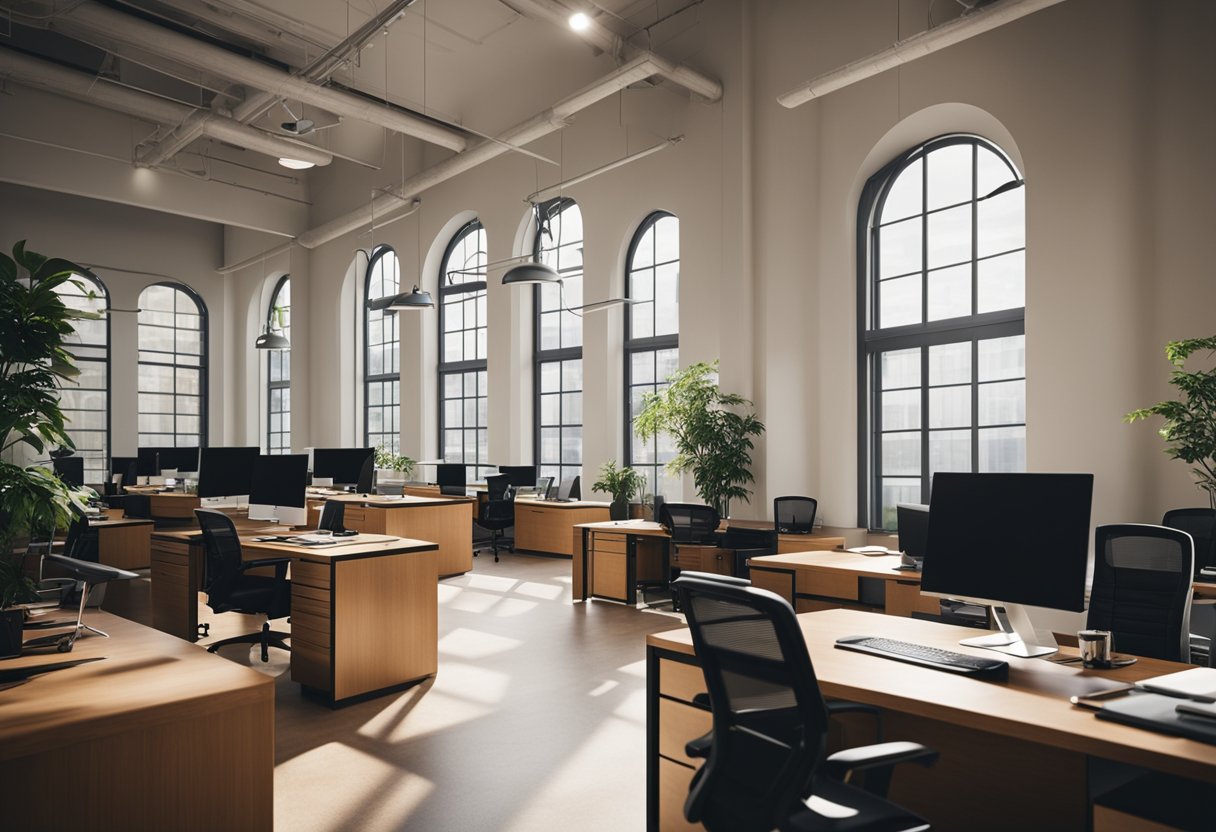 A traditional office space with wooden desks, ergonomic chairs, filing cabinets, and a large window with natural light