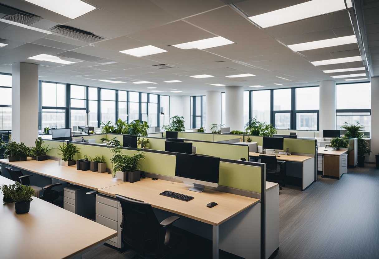 An open-plan office with cubicles, desks, and a conference area. Natural light streams in through large windows, while potted plants and framed artwork add a touch of warmth to the space