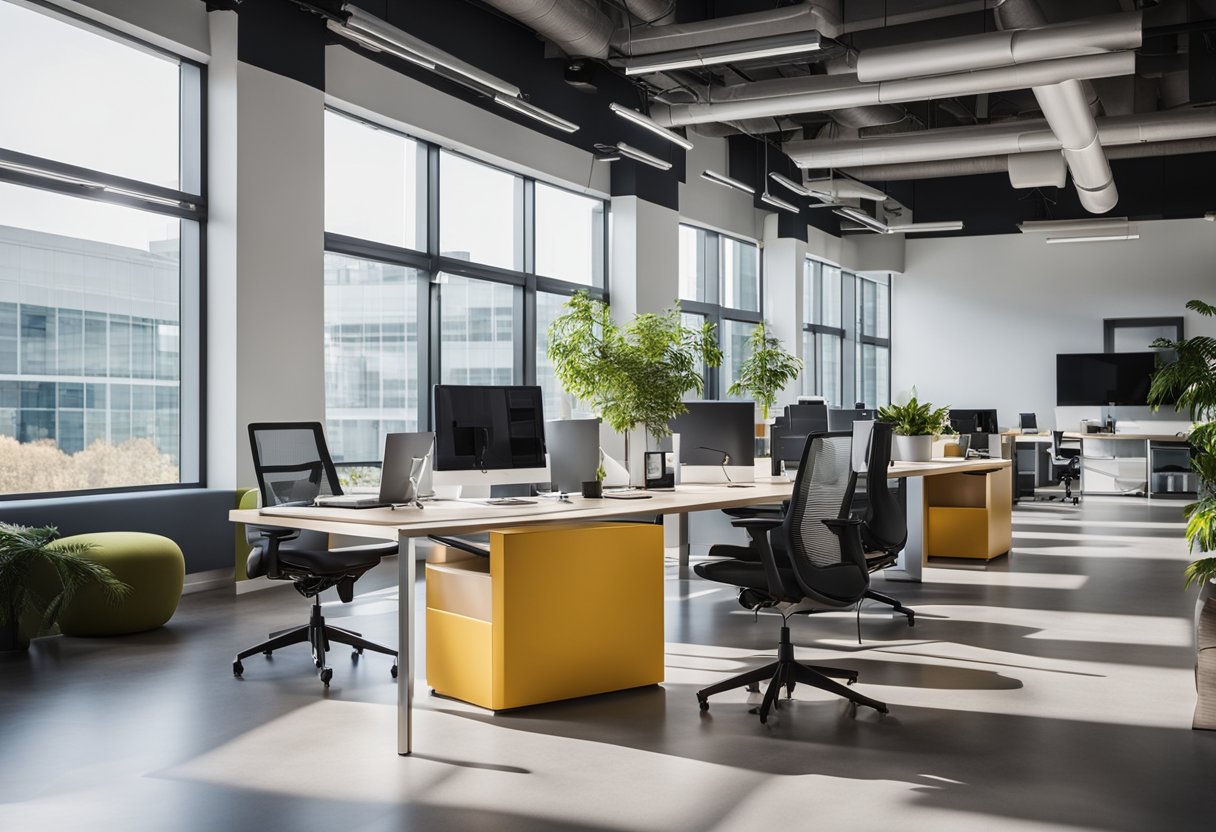 A modern, open-plan office space with sleek, ergonomic furniture, vibrant pops of color, and plenty of natural light streaming in through large windows