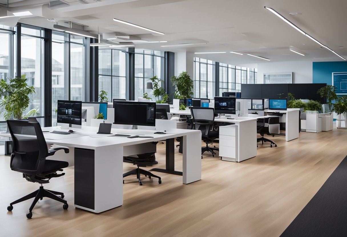 A modern, open-plan office space with sleek, ergonomic furniture and large collaborative work areas. Smart technology seamlessly integrated throughout, with interactive screens and digital whiteboards