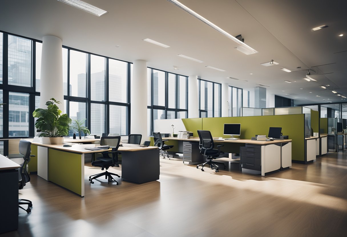 The traditional office space is organized with efficient workstations, natural lighting, and ergonomic furniture to maximize productivity