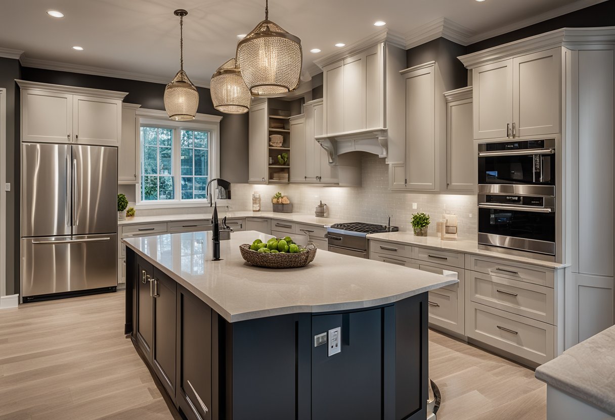 A kitchen with new cabinets, modern appliances, and a spacious island. Bright lighting and neutral colors create a clean, inviting atmosphere