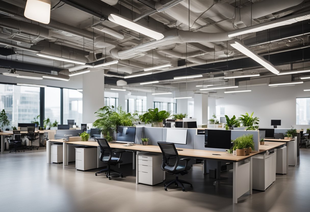A modern office with open floor plan, collaborative workspaces, and natural lighting. Plants and ergonomic furniture are present