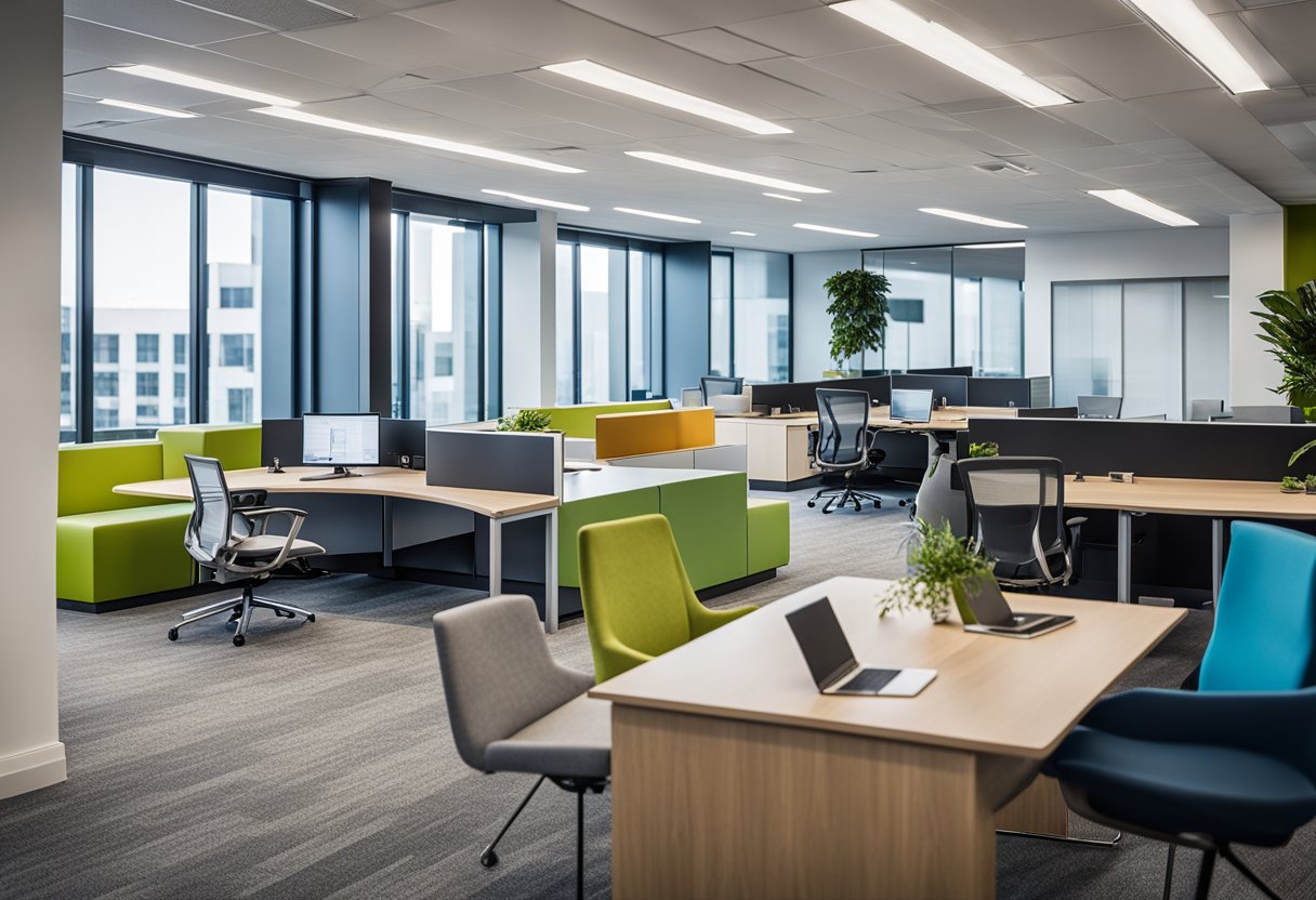 A modern office space with vibrant colors, open work areas, and collaborative meeting spaces. The design reflects a dynamic and innovative work environment