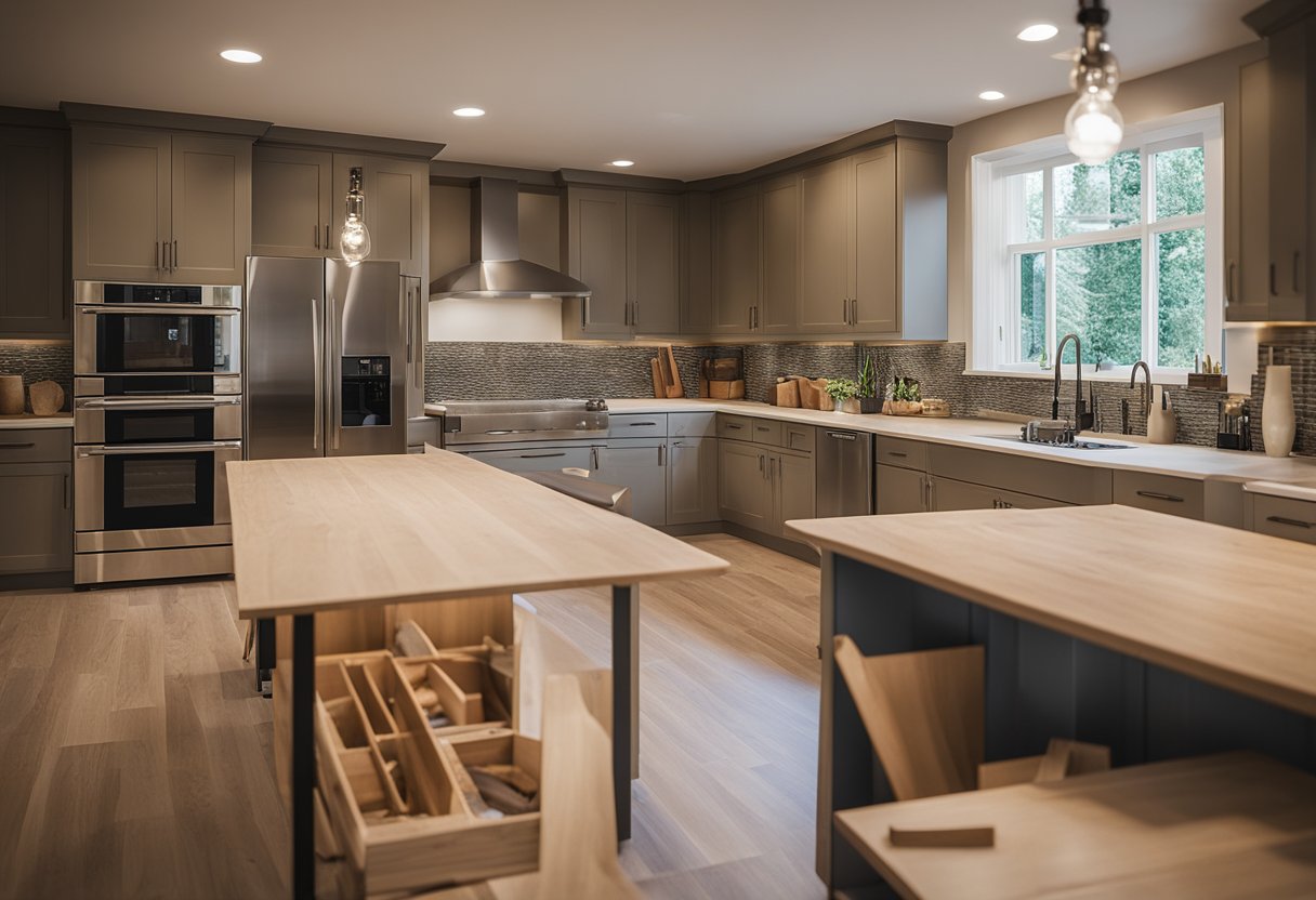 A kitchen being renovated, with tools, materials, and plans scattered around. Cabinets and appliances are being removed, while new fixtures and finishes are being installed