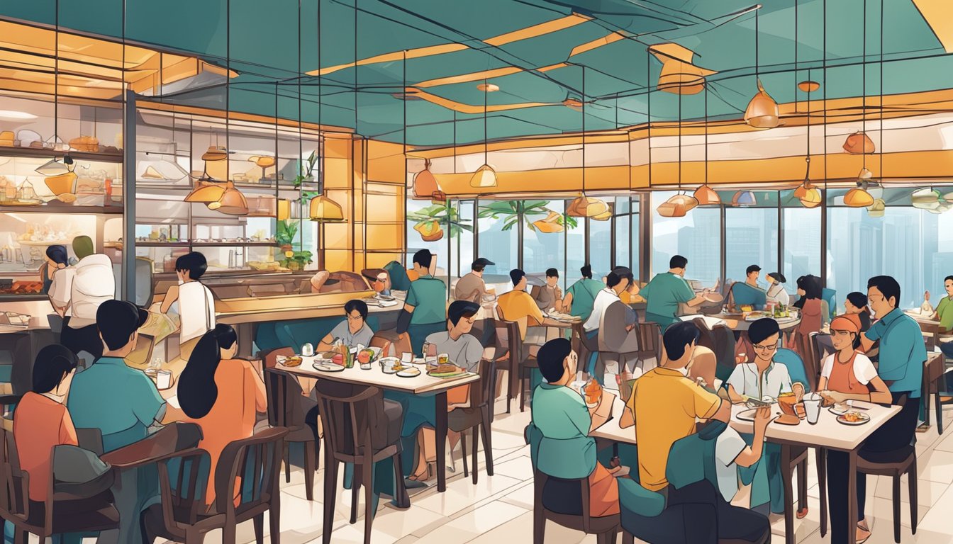 A bustling lobster restaurant in Singapore, with diners enjoying fresh seafood dishes and a vibrant, modern interior design