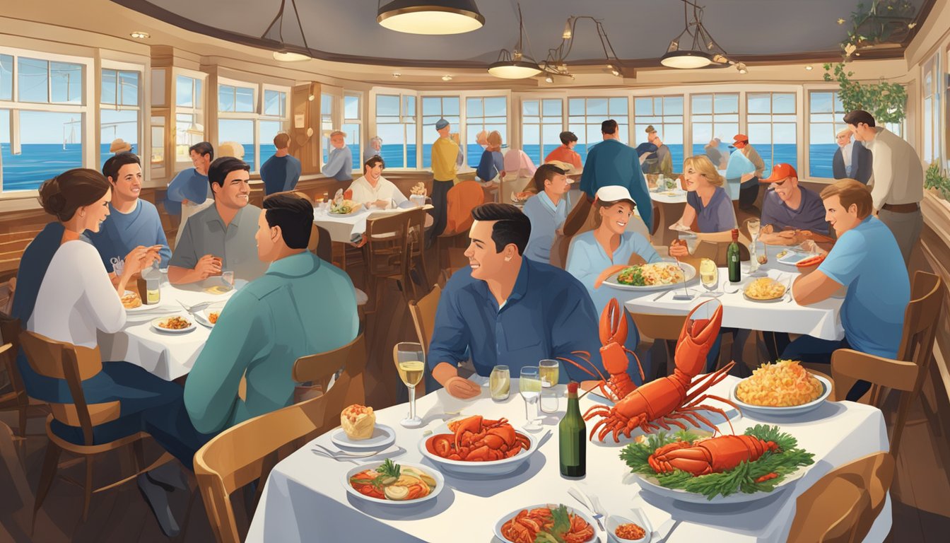 Customers enjoying lobster dishes in a bustling restaurant with a maritime theme, featuring nautical decor and a display of fresh lobsters