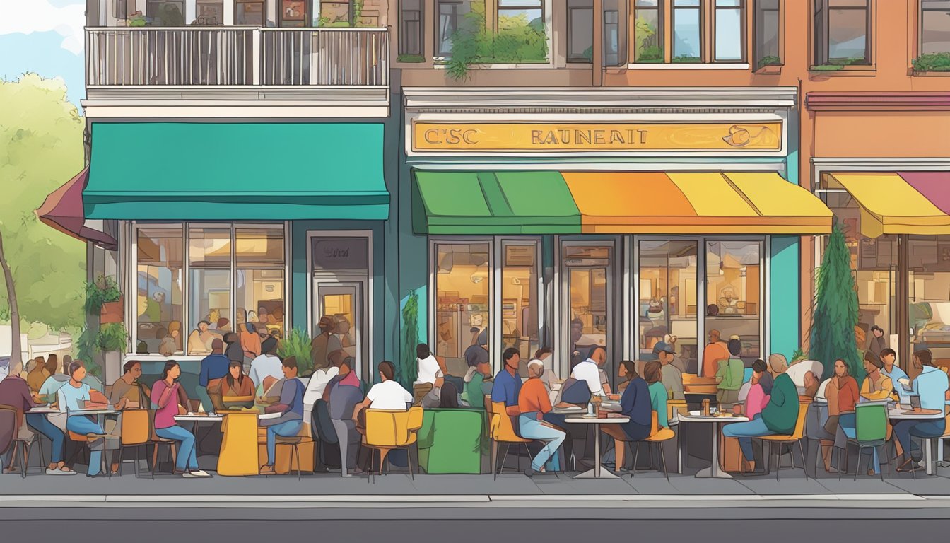 A bustling restaurant with a colorful sign, outdoor seating, and a line of customers waiting to enter