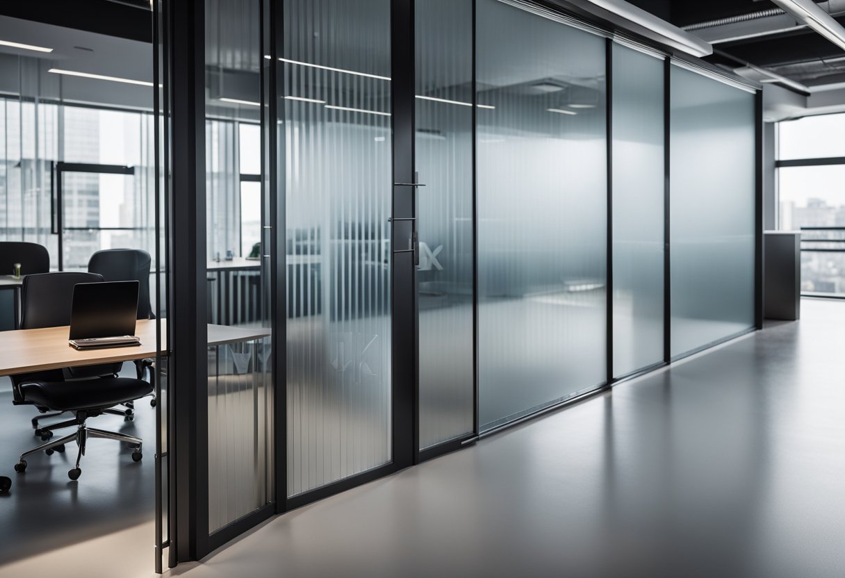 A sleek, modern office table partition with clean lines and minimalistic design, featuring a combination of frosted glass and brushed metal materials