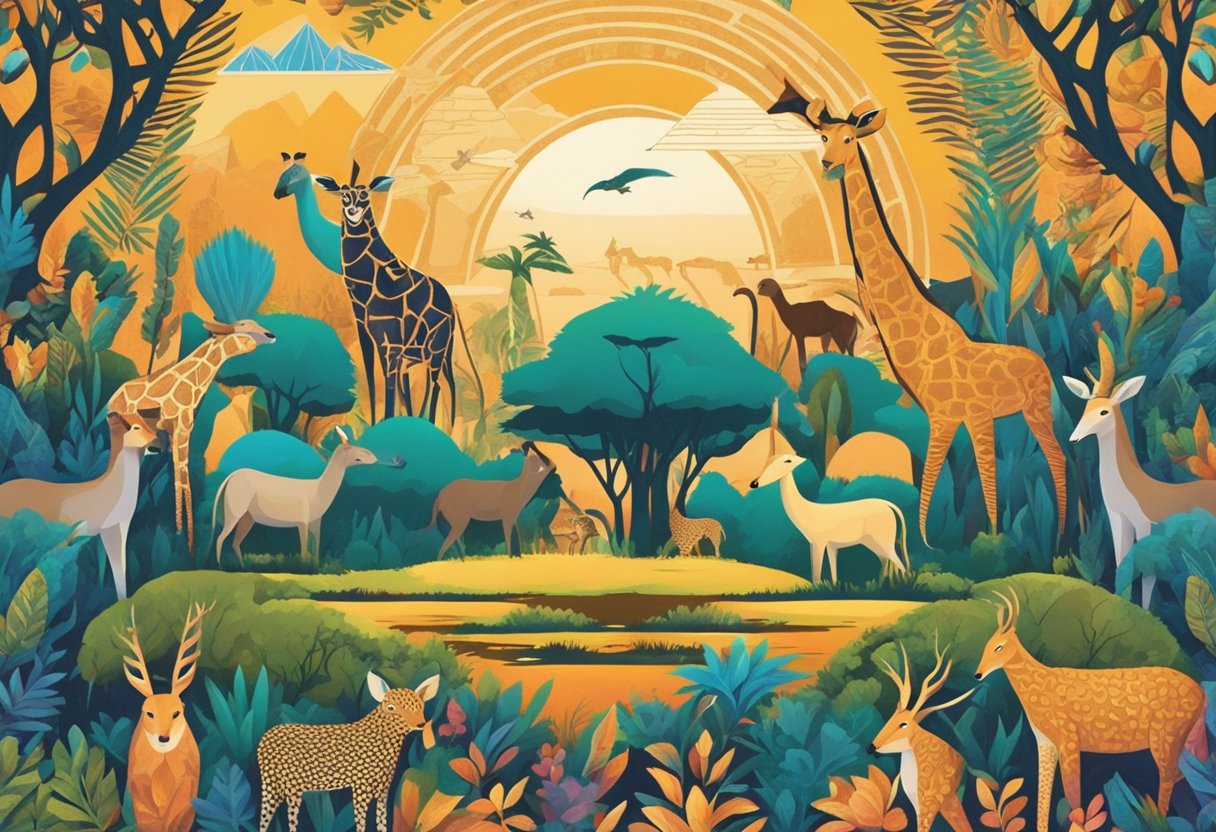 A colorful array of African symbols and patterns fill the background, while a playful mix of animals and nature elements form the foreground