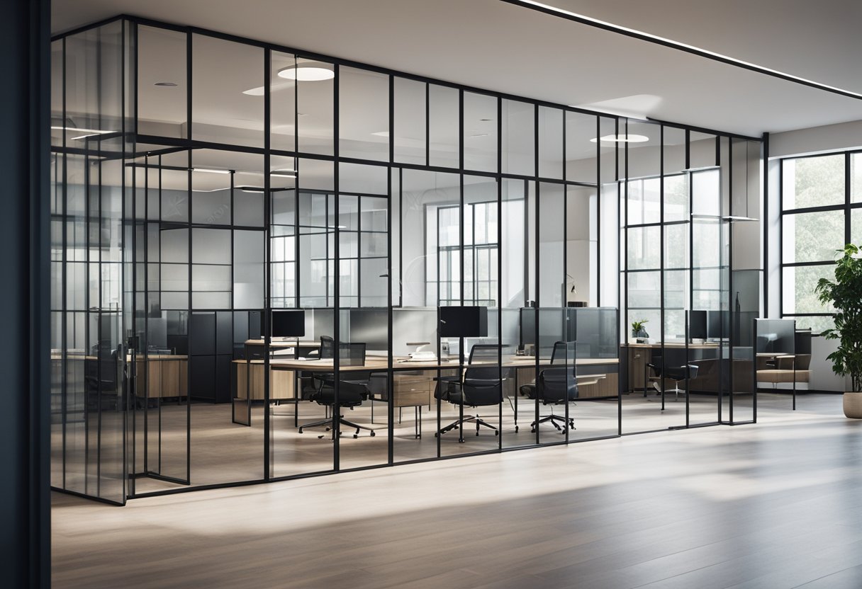 A sleek, glass office partition with metal framing and minimalist design, situated within a modern open-plan office space with clean lines and contemporary furniture