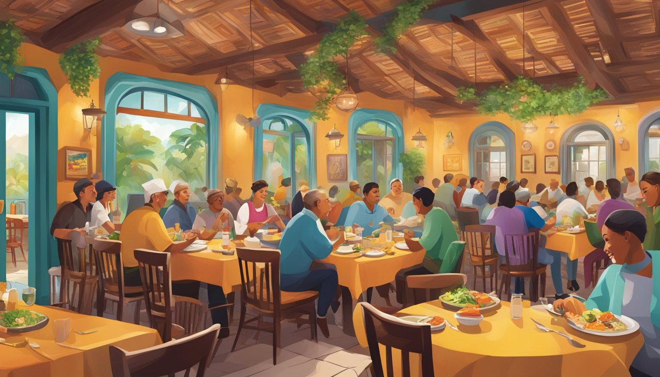 The bustling Mollagaa restaurant, with colorful decor and steaming plates of food, filled with happy diners enjoying their meals