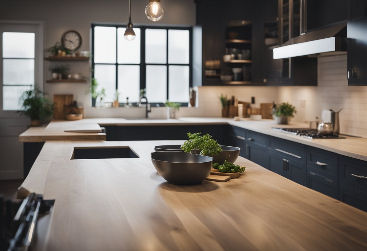 A kitchen with various elements being renovated, such as countertops, cabinets, and appliances. Tools and materials scattered around the room