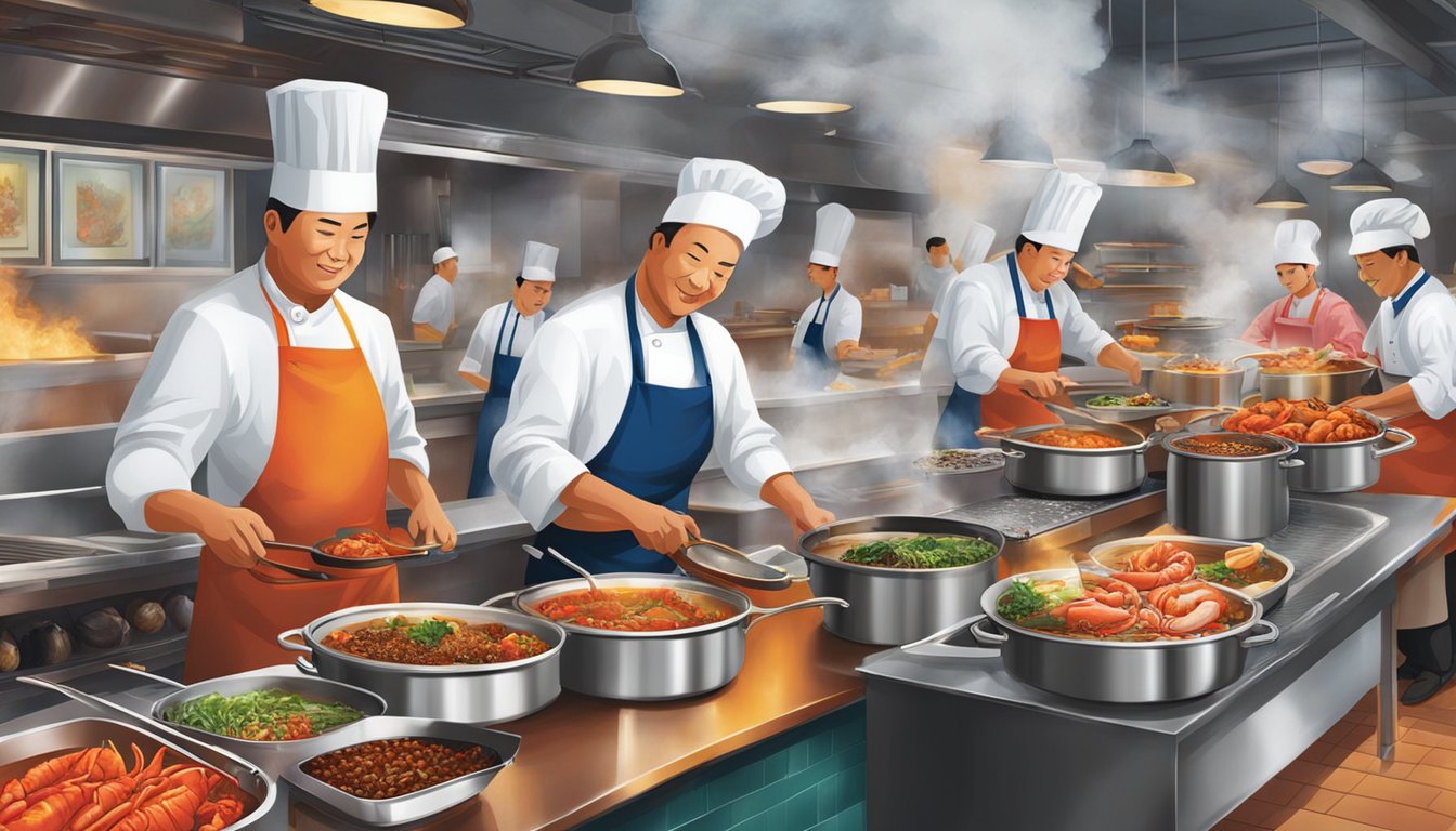 A bustling Singapore lobster restaurant with steaming pots, vibrant spices, and sizzling grills. The aroma of fresh seafood fills the air as chefs expertly prepare mouthwatering dishes