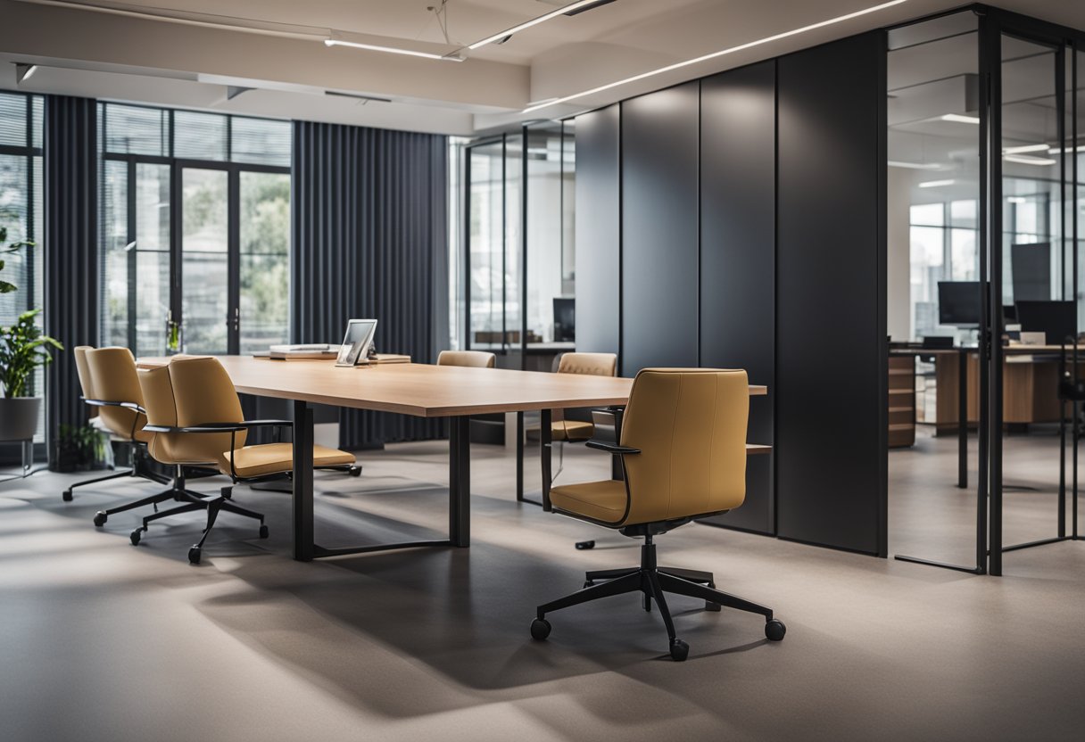 An office table with a sleek partition design, featuring clean lines and modern materials