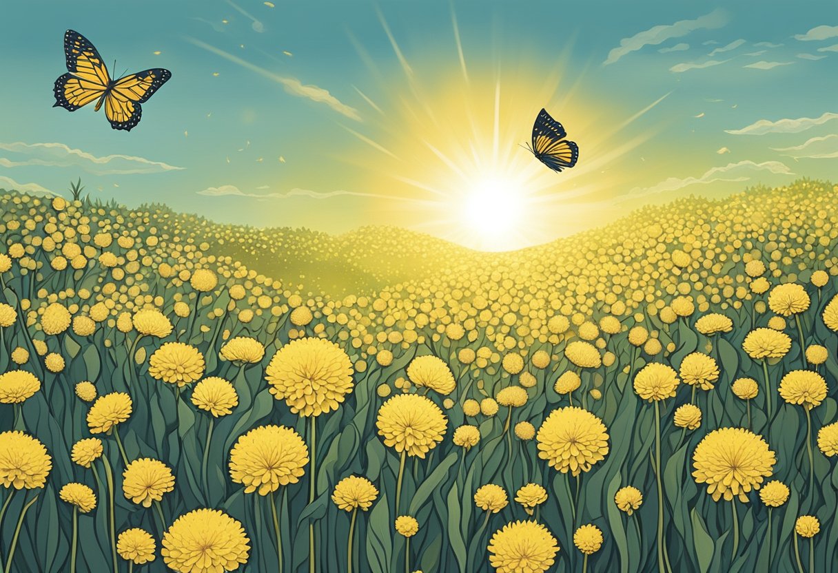 A gentle breeze rustles through a field of dandelions, carrying their delicate seeds into the air. The sun casts a warm glow, as a butterfly flutters by, symbolizing the freedom and lightness of air