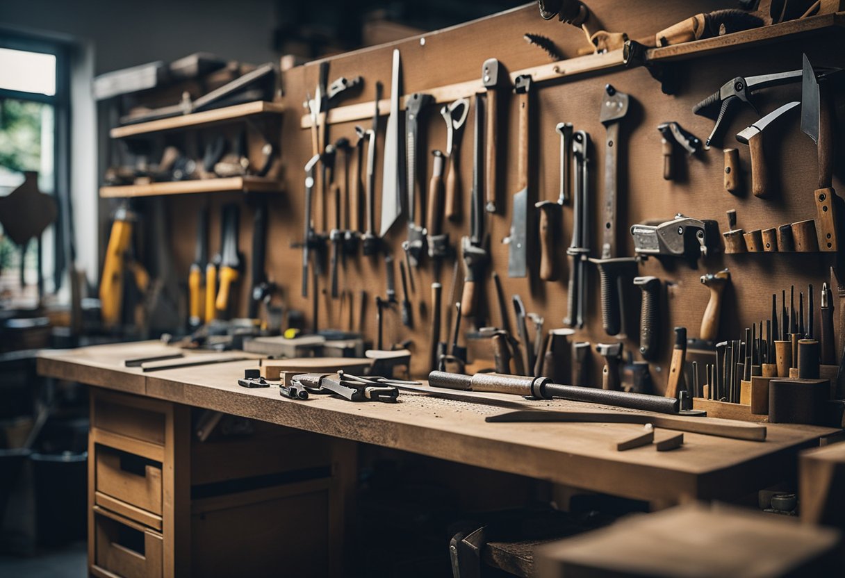 A cluttered workbench holds saws, hammers, chisels, and measuring tools in a carpenter's workshop in Singapore