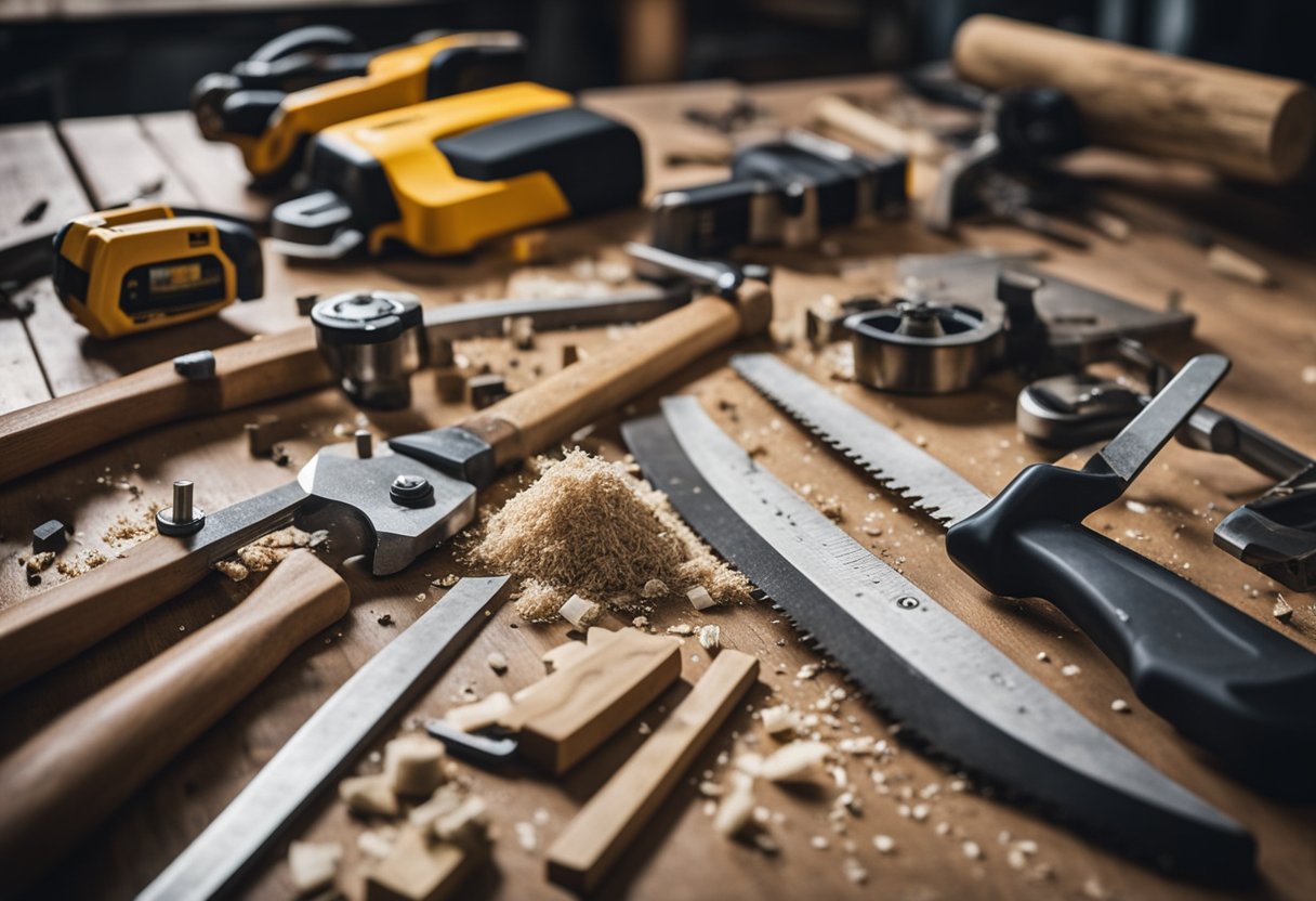 A cluttered workbench with saws, hammers, chisels, and measuring tape. Sawdust and wood shavings cover the floor