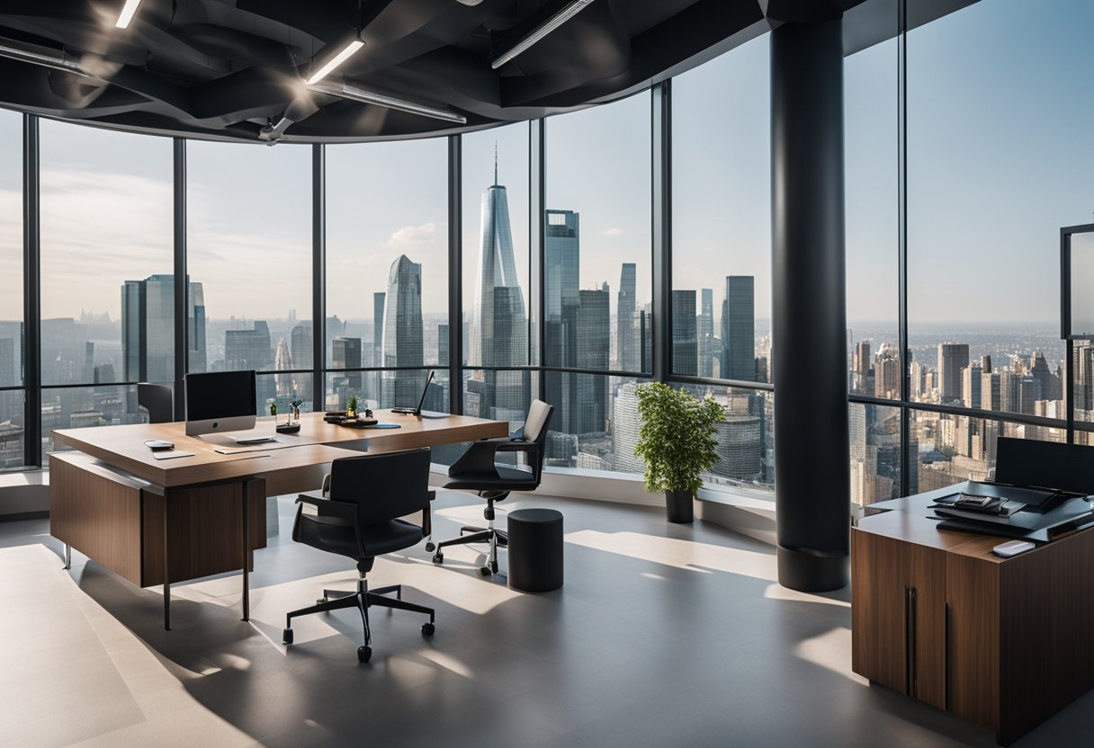 A modern pentagram design office with sleek furniture and large windows overlooking a city skyline