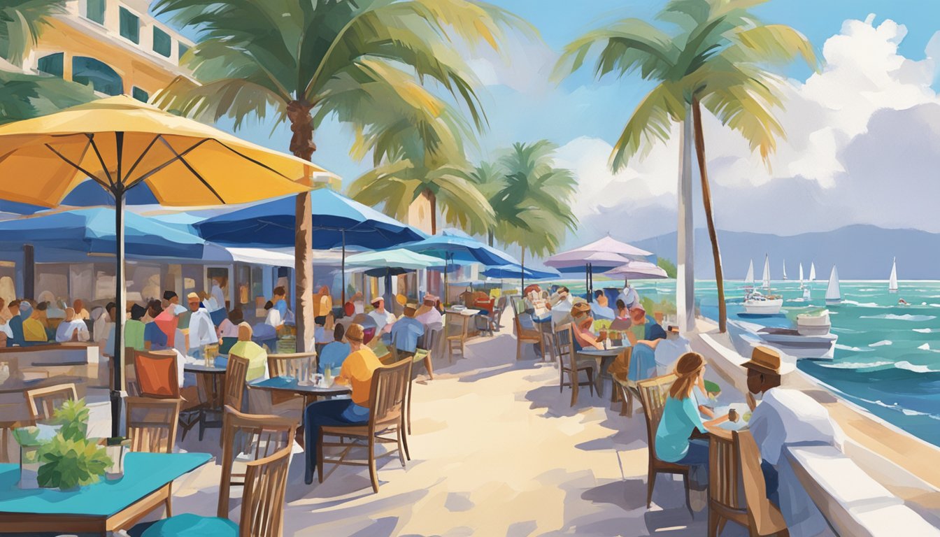 Palm beach restaurants line a bustling waterfront, with colorful umbrellas shading outdoor seating and palm trees swaying in the ocean breeze