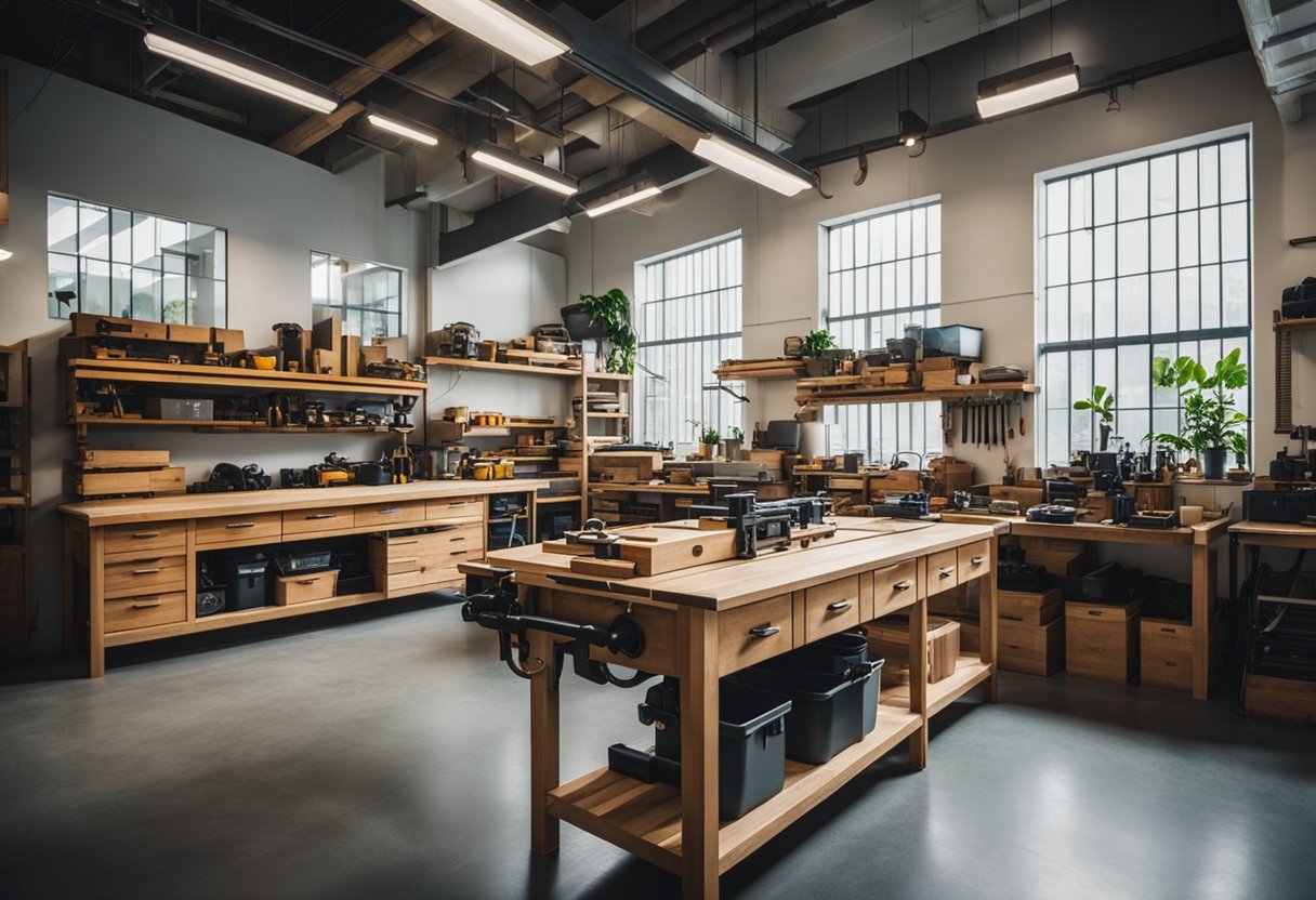 A spacious, well-lit carpentry workshop in Singapore with a variety of power tools, workbenches, and storage space