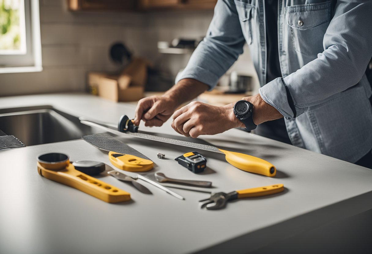 A kitchen renovation specialist measuring and planning new cabinet installation. Tools and materials scattered on the counter