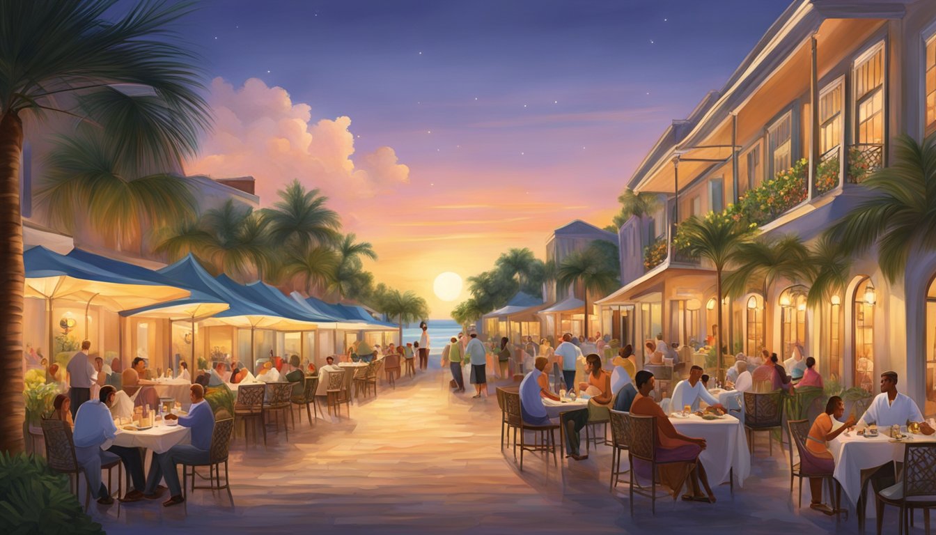 The sun sets over a row of elegant palm beach restaurants, their outdoor patios filled with diners enjoying the culinary delights of the evening