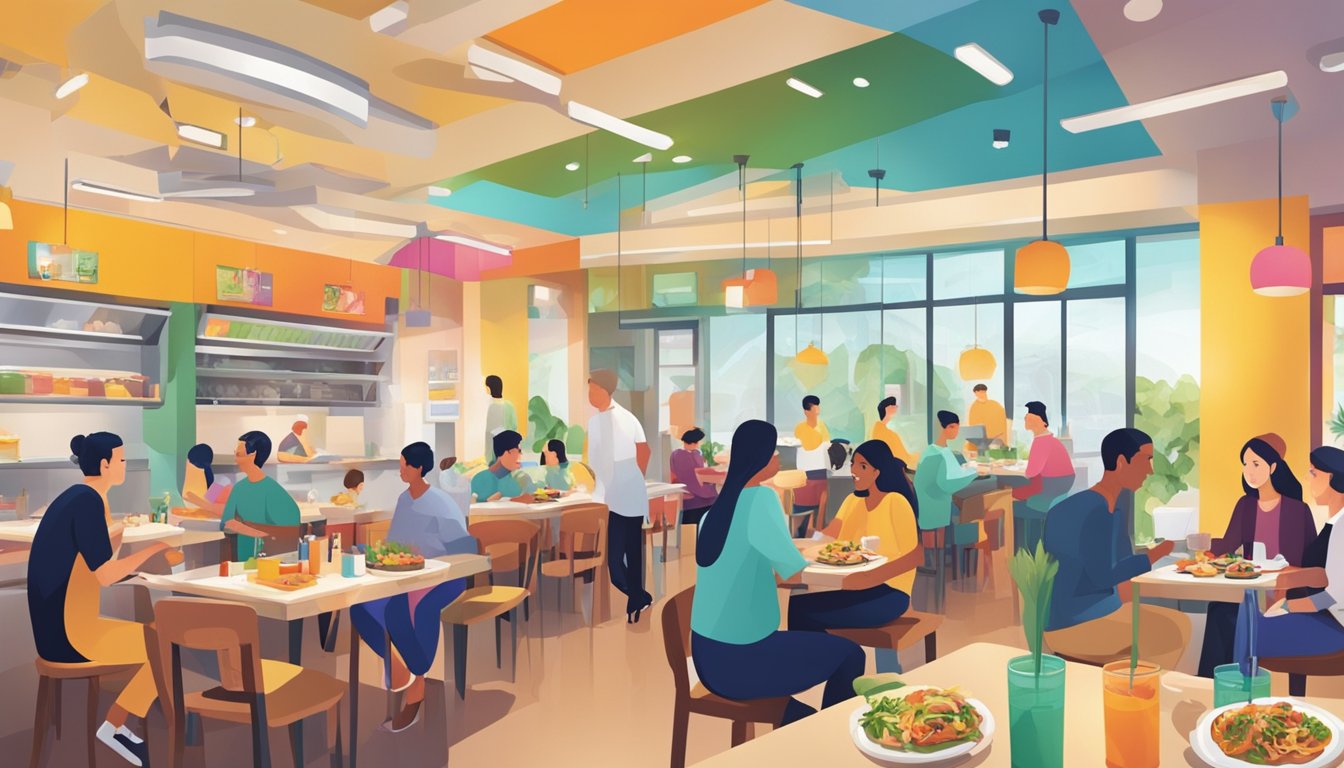 Customers enjoying diverse cuisines at NUS Restaurant. Vibrant atmosphere with students and staff socializing. Colorful food displays and bustling kitchen