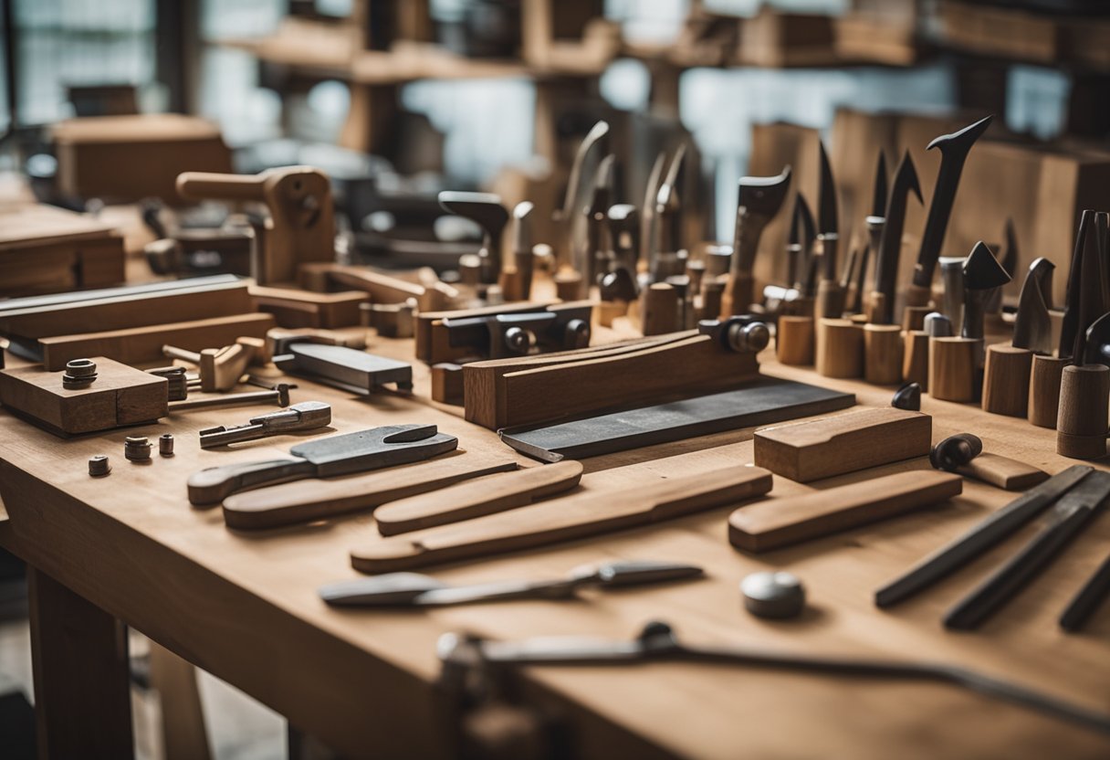 Carpentry tools arranged neatly on a wooden workbench in a well-lit workshop in Singapore
