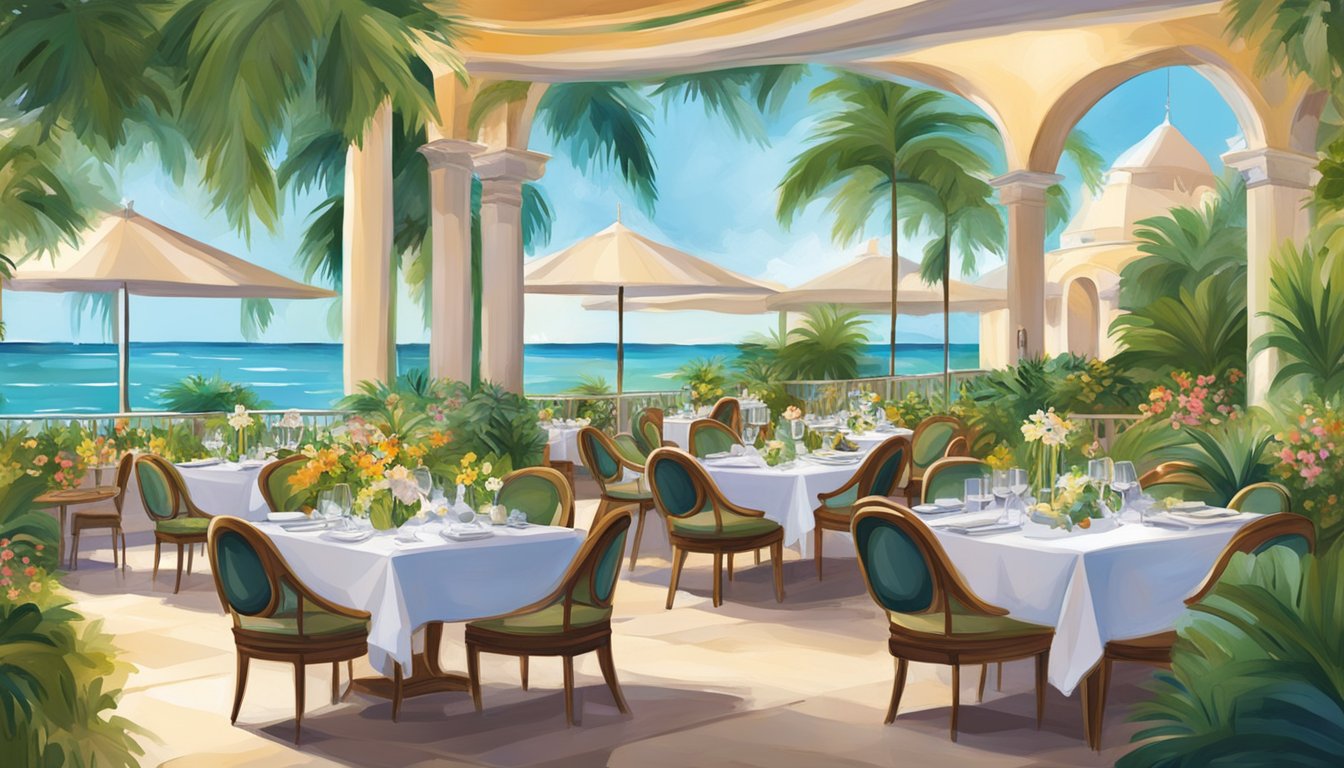 A vibrant scene of Palm Beach dining experiences, with elegant restaurants and lush greenery creating a luxurious and inviting atmosphere