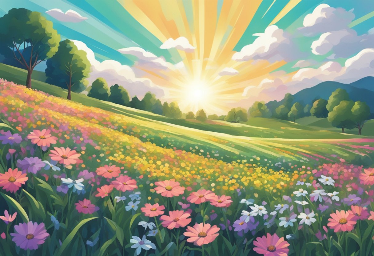 A gentle breeze blowing through a field of wildflowers, with colorful petals swaying in the air